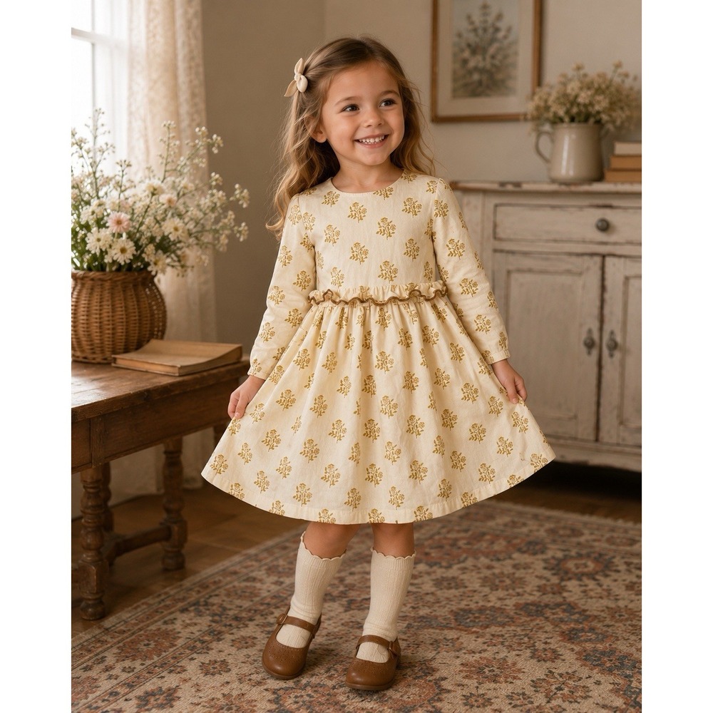 Pink Chicken Girls 4Y Floral Cotton Dress Cream Gold Ruffle Prairie Boho‎